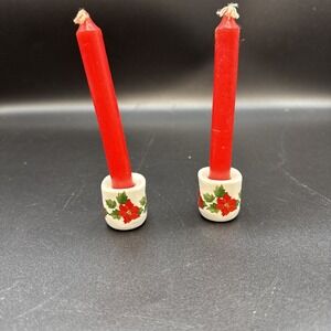 2 Vtg Taper Candle Holders Miniature‎ Poinsettias Funny Design W Germany